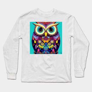 Colorful Owl Portrait Illustration - Bright Vibrant Colors Bohemian Style Feathers Psychedelic Bird Animal Rainbow Colored Art Long Sleeve T-Shirt